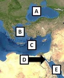 Which two bodies of water are connected by the Suez Canal on the map above?

A. Letter A and Lette