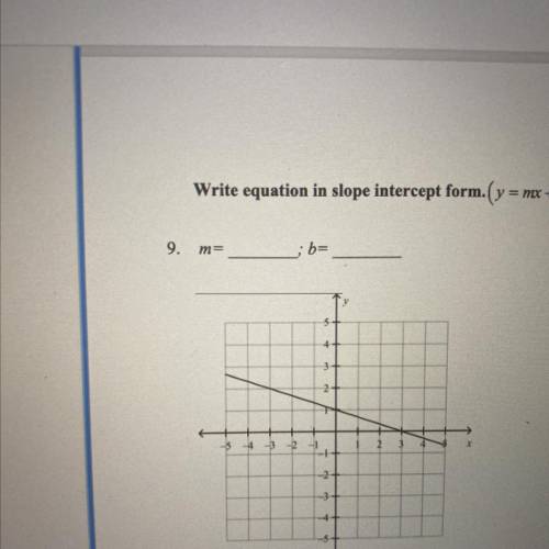 Write equation in slope intercept form (x=mx+b). Find the slope (x) and the y-intercept (b) of the