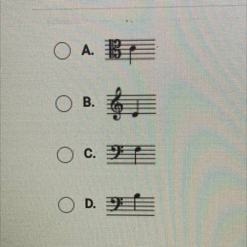 Which of the following notes is middle C?
O A. BE
O B.
O c.
OD.