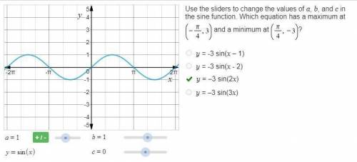 Use the sliders to change the values of a, b, and c in the sine function. Which equation has a maxi
