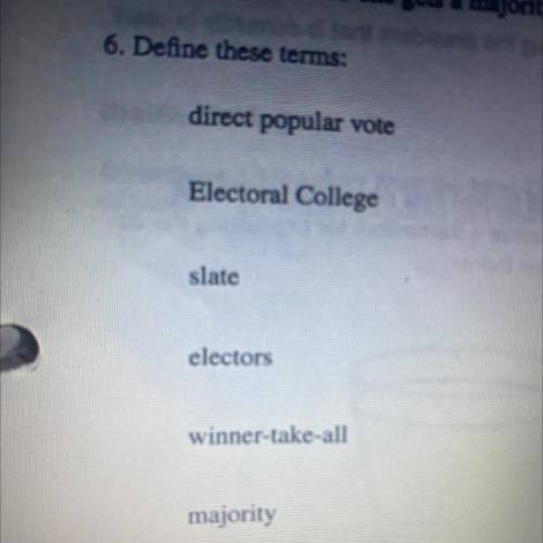 Define these terms

Electoral college
Slate 
Electors 
Winner-take-all 
Majority