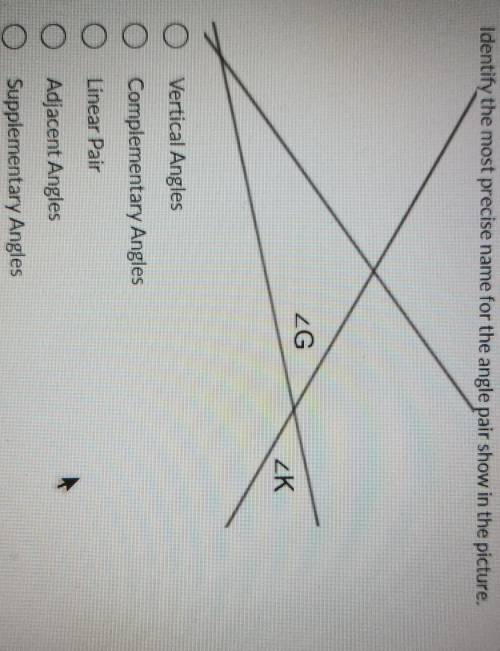 Identify the most precise name for the angle pair shown in the picture.

1. Vertical Angles.2. Com