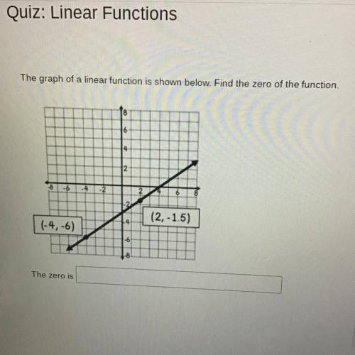 The graph of a linear function is shown below. Find the zero of the function. help PLEASE