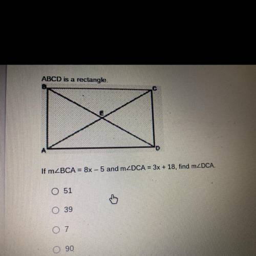 ABCD is a rectangle.

If mZBCA = 8x – 5 and mZDCA = 3x + 18, find m2DCA.
Could someone walk it thr