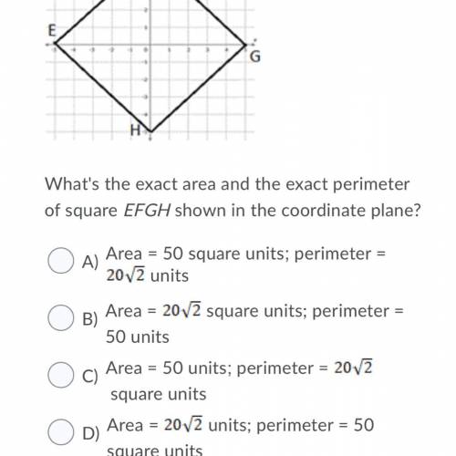 What's the exact area and the exact perimeter of square EFGH shown in the coordinate plane?