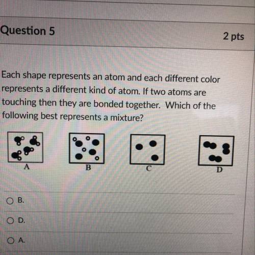 Each shape represents an atom and each different color

 
represents a different kind of atom. If t