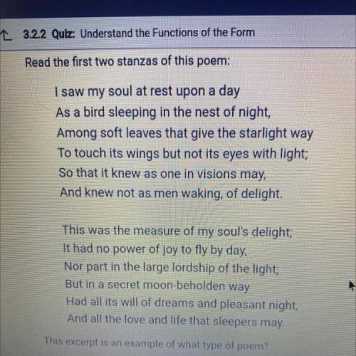 Read the first two stanzas of this poem. This excerpt is an example of what type of poem??