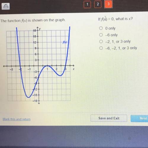 The function f(x) is shown on the graph

If f(x) = 0, what is x?
O 0 only
O-6 only
O-2, 1, or 3 on