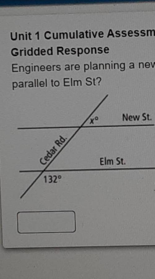 Engineers are planning a new cross street parallel to Elm St. What angle measure, x should the new