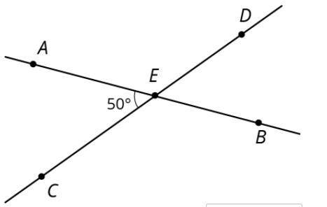 Lines AB and CD intersect at E.

1. What is the measure of angle AED? 
2. What is the measure of a