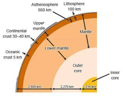 Study the image of Earth’s layers.

Which statement correctly compares the thicknesses of Earth’s