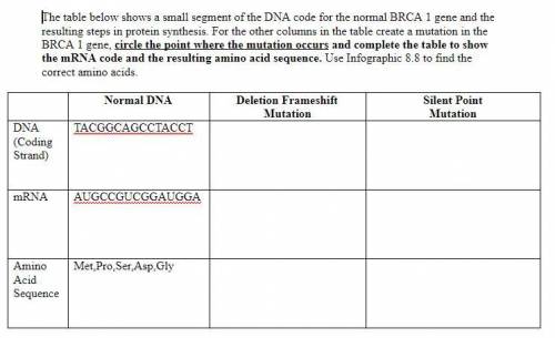 The table below shows a small segment of the DNA code for the normal BRCA 1 gene and the resulting