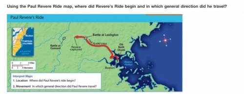 Using the Paul Revere Ride map, where did Revere's Ride begin and in which general direction did he
