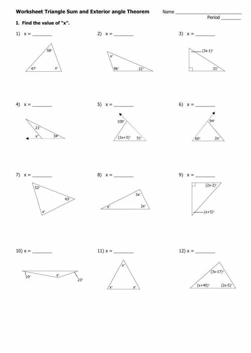 URGENT!! HELP
“Worksheet Triangle Sum and Exterior angle Theorem “