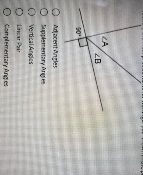 Identify the most precise name for the angle pair shown in the picture.

1. Adjacent Angles2. Supp