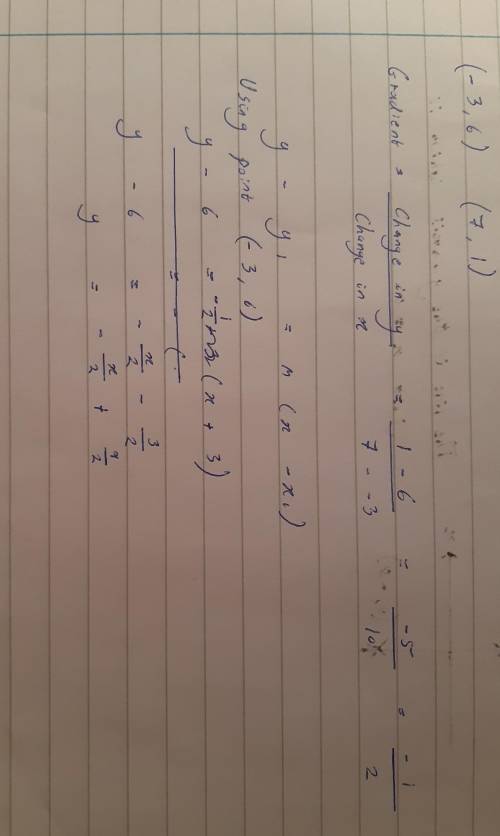 What is the slope of the line through each pair points (-3,6) and (7,1)