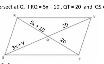 In a parallelogram RSTV, diagonals RY and VS intersect at Q. If RQ=5x+10 ,QT=20 and QS=3x+y and QV=