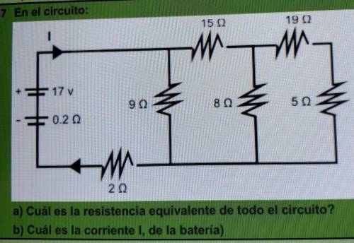 A) cual es la resistencia equivalente de todo el circuito

B) cual es la corriente I de la bateria