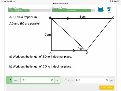 ABCD is a trapezium. AD and BC are parallel. a) work out the length of BD to one decimal place. b)