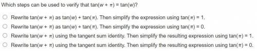 Which steps can be used to verify that tan(w + Pi) = tan(w)?

Rewrite tan(w + Pi) as tan(w) + tan(