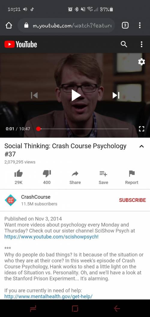 This is for Psychology 101 Class. Please watch the Utube video called, Social Thinking: Crash Cours