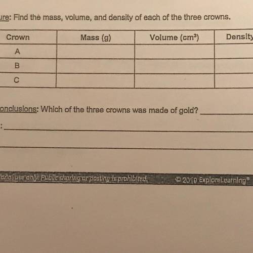 3. Measure: Find the mass, volume, and density of each of the three crowns.

Crown
Mass (g)
Volume