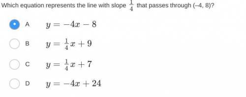 Which equation represents the line with slope 1/4 that passes through (–4, 8)?