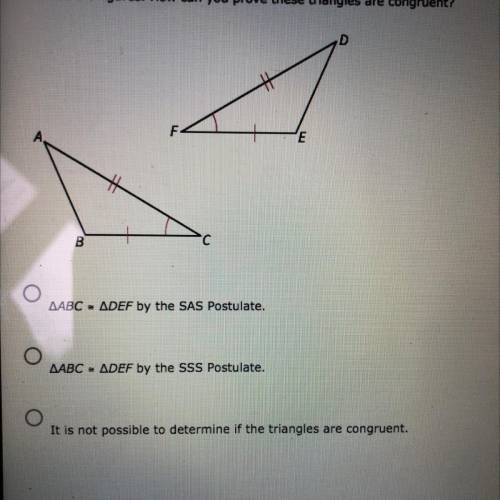 I NEED HELP ASAP
Look at the figures. How can you prove these triangles are congruent?