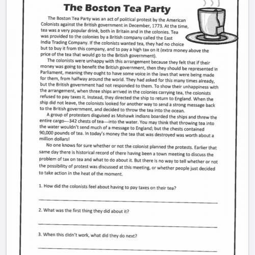 This is The boston Tea party passage read and answer The questions and I’ll give you brainliest