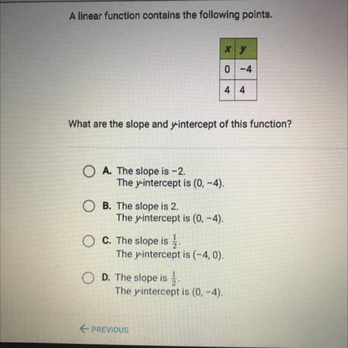 A linear function contains the following points.

What are the slope and y-intercept of this funct
