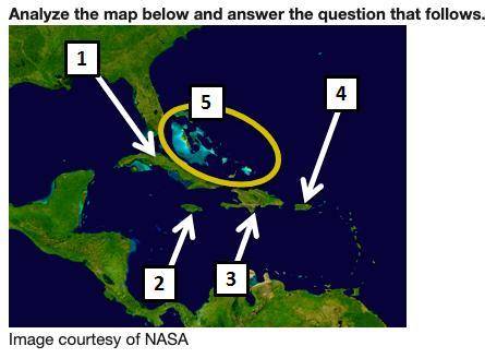 Look at the map above. Which of the following statements is true?

A.
Cuba is located at number 1.