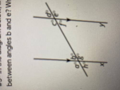In the diagram below, lines x and y are parallel. What is the relationship between angle b and e? W