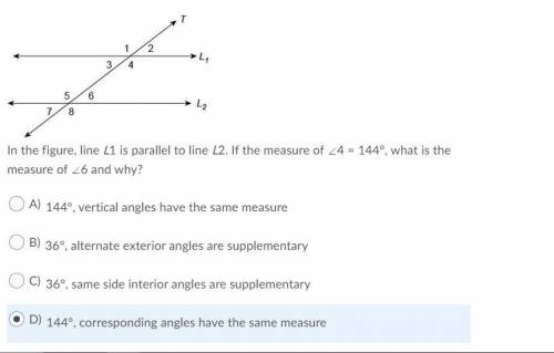 In the figure, line L1 is parallel to line L2. If the measure of ∠4 = 144°, what is the measure of