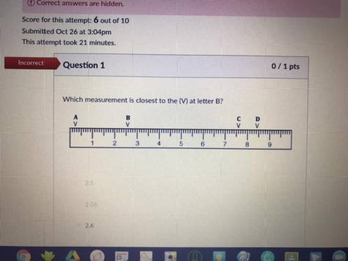 Need help 
Which measurement is the closet to the (V) at letter B?
By the way 2.6 is wrong
