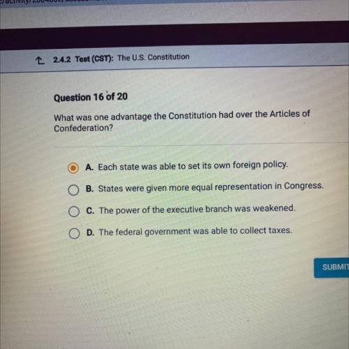 What was one advantage the Constitution had over the Articles of
Confederation?