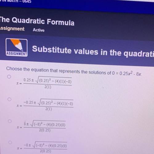 Choose the equation that represents the solutions of 0 = 0.25x2 - 8x.