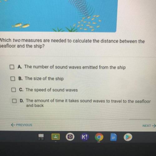 Which two measures are needed to calculate the distance between the

seafloor and the ship?
O A. T