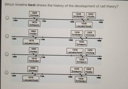 Which timeline best shows the history of the development of cell theory? 1665 1838 Schleiden 1855 H