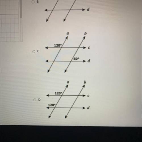 Which diagram shows a pair of angle measures that prove lines a and b are parallel ?