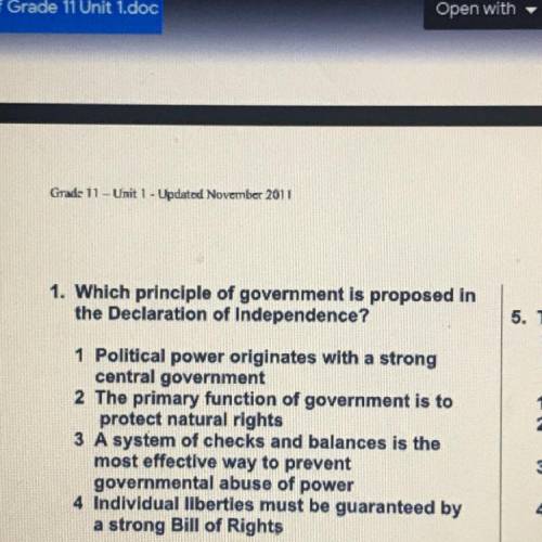 1. Which principle of government is proposed in

the Declaration of Independence?
1 Political powe