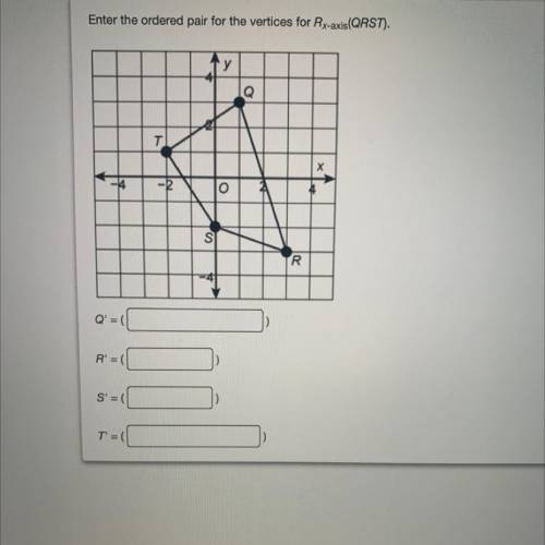 HELP

Enter the ordered pair for the vertices for Rx-axis(QRST).
Ty
Q
TI
o
SI
R
Q' =(
R' =(
S'