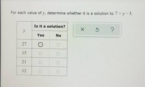 For each value of y, determine whether it is a solution to 7= y ÷ 3.