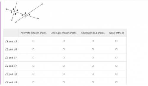 Select Alternate exterior angles, Alternate interior angles, Corresponding angles, or None of these