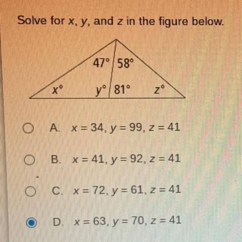 Solve for x, y, and z in the figure below.
