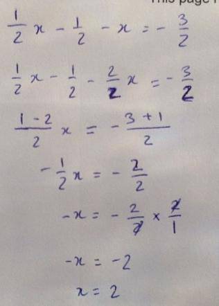 Solving equations with fractions
1/2x-1/2-x=-3/2