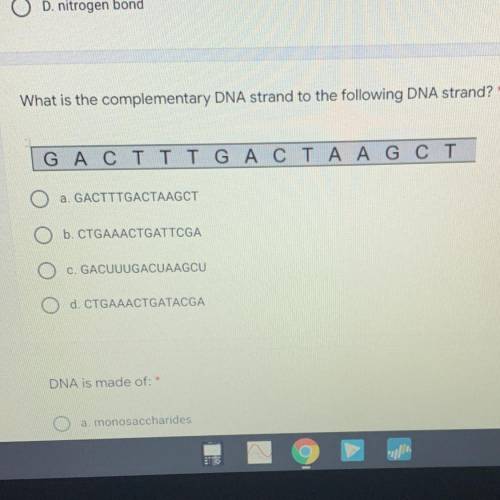 What is the complementary DNA strand to the following DNA strand? *

GAC T T TG ACTA AGCT
a. GACTT