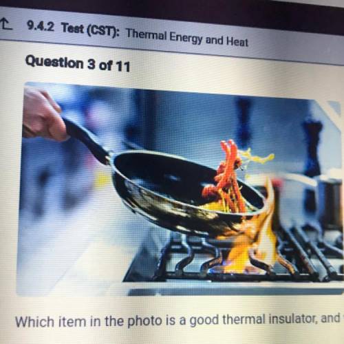 Which item in the photo is a good thermal insulator and why

A.the plastic handle because it’s ele