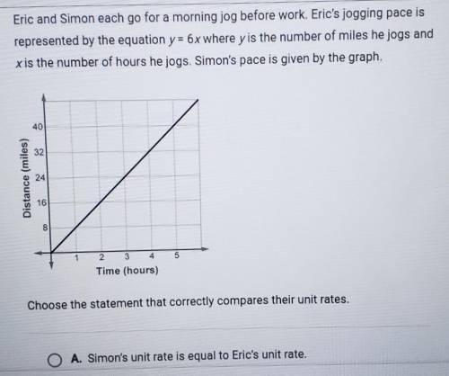 B. Simon's unit rate is 2 more miles per hour than Eric's unit rate

C. Dimond unit rate is 3 more