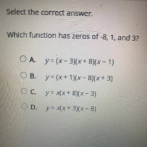 Which function has zeros of -8,1 and 3?