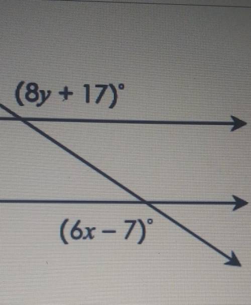 (3x - 29) (8y + 17) 1 m (6x - 7) If l is parallel to m, solve for x and y.